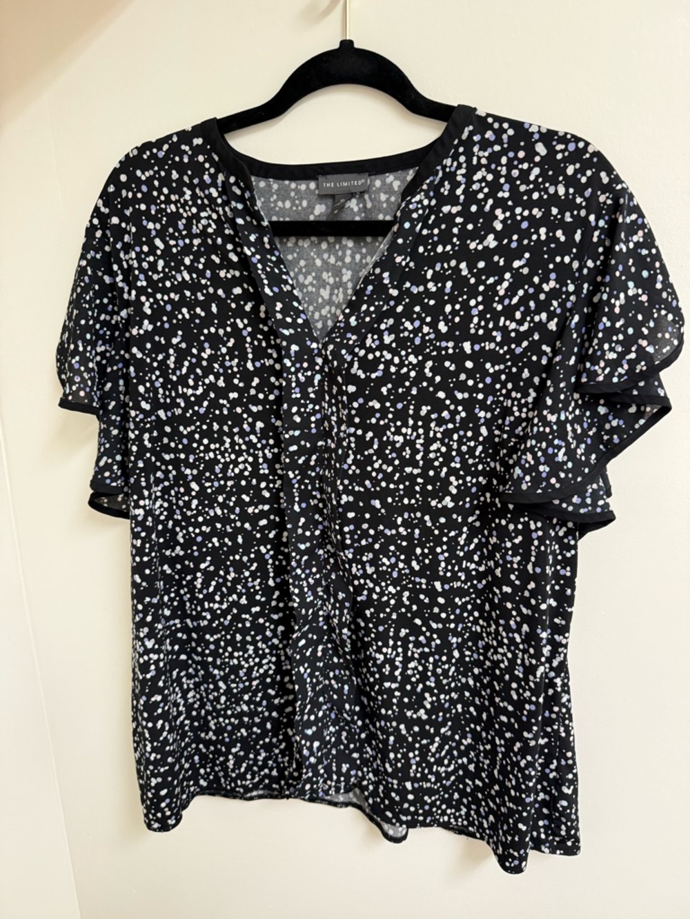 The Limited XL Black Confetti Dot Triple Flutter Sleeve V-Neck Stretch Blouse